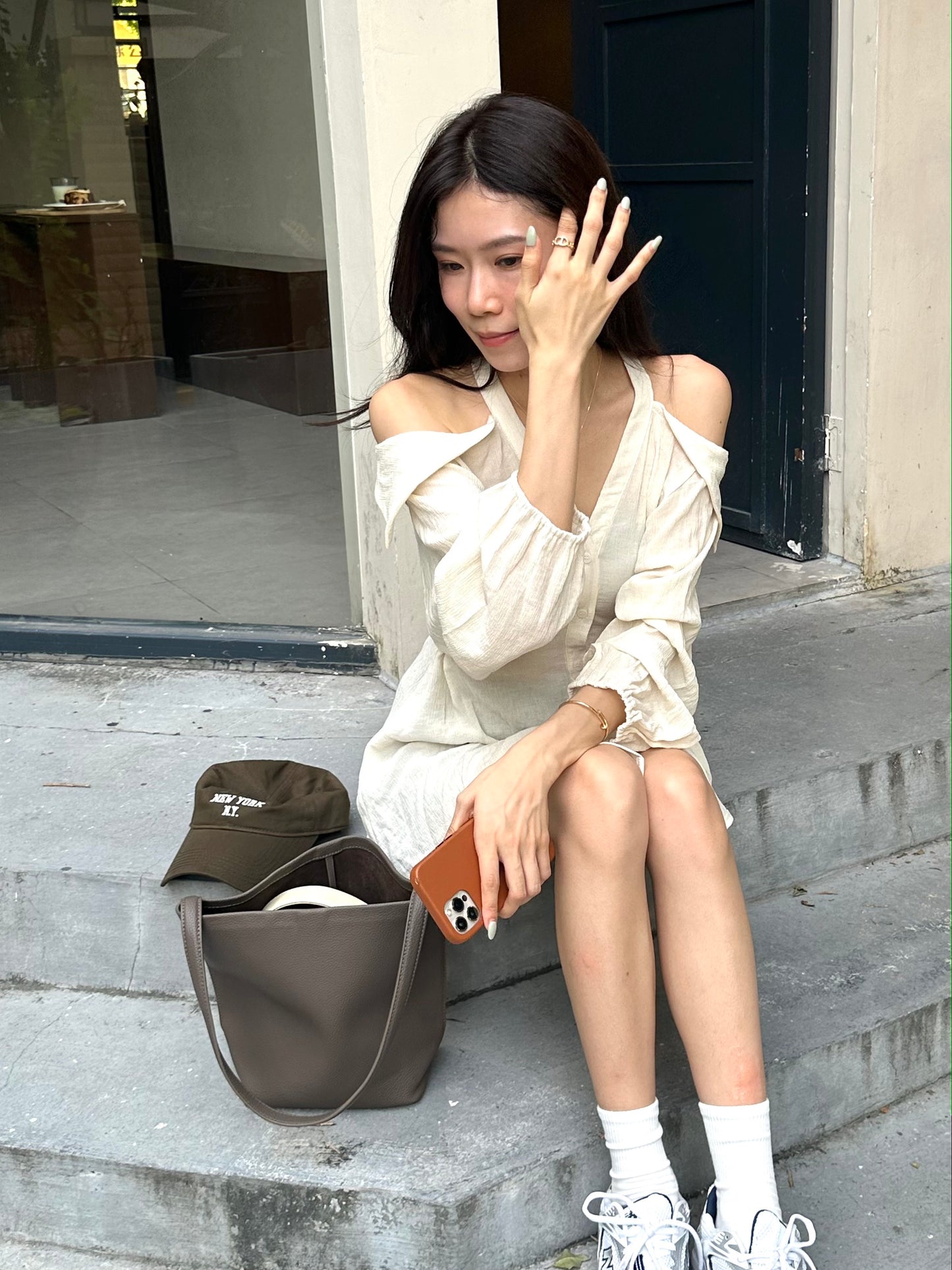 Collar Neck & Holes Shirt Mini Dress