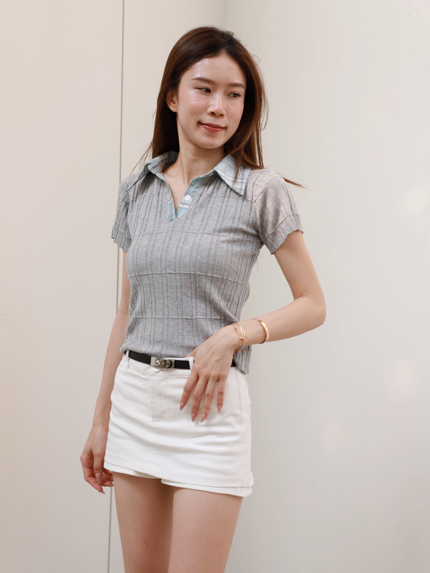 Checked Knitted T Top