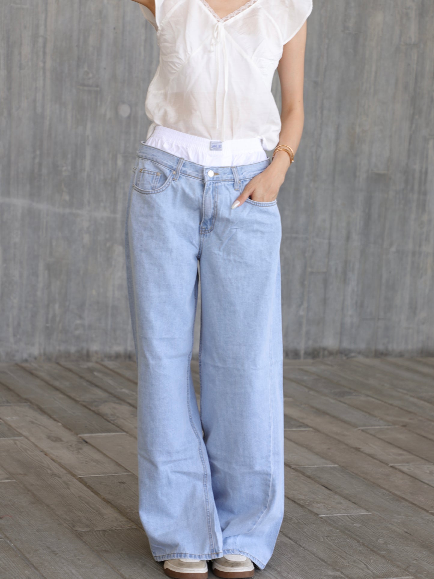 White Waisted Wide Leg Jeans