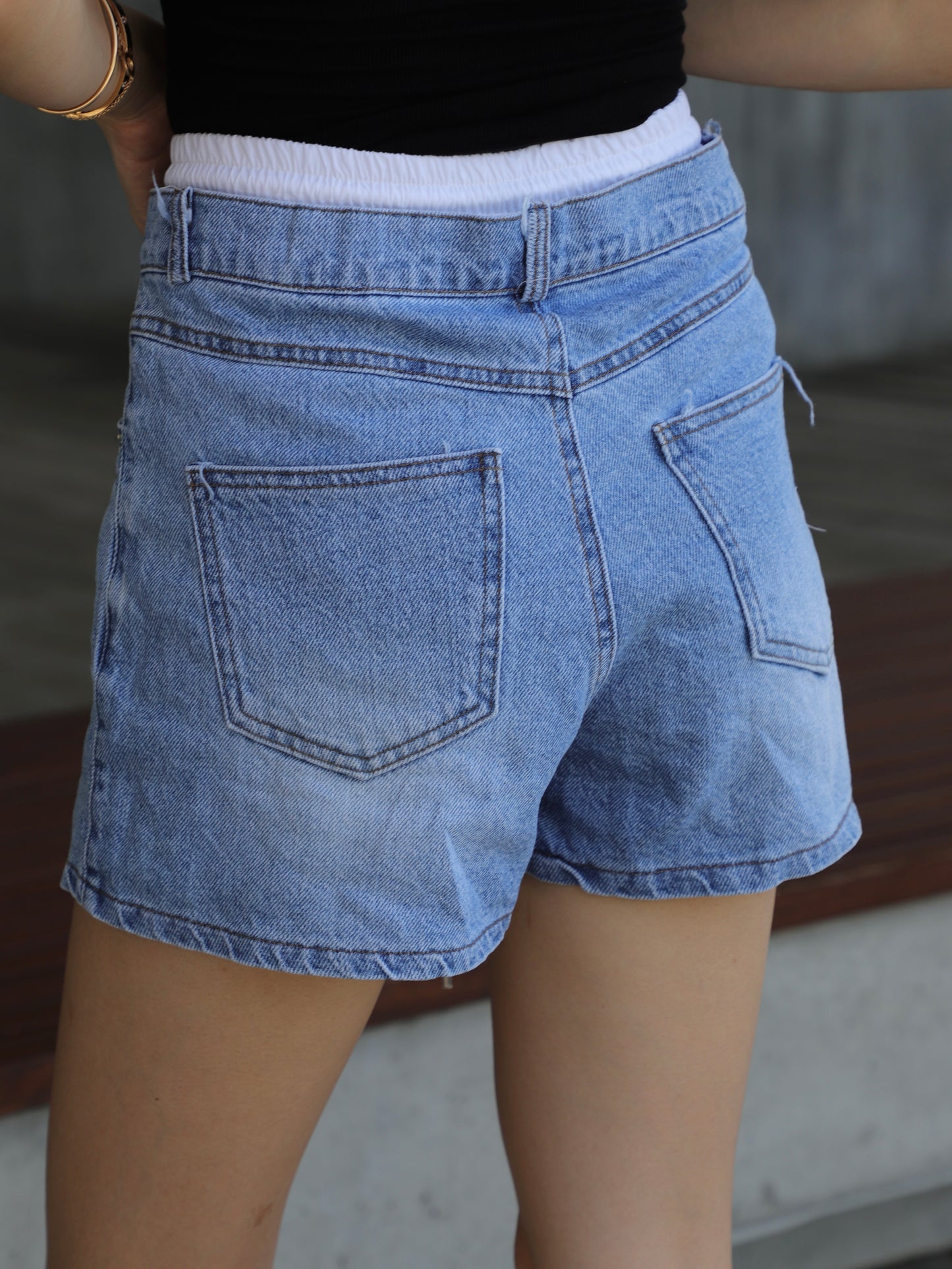 White Layered Denim Shorts