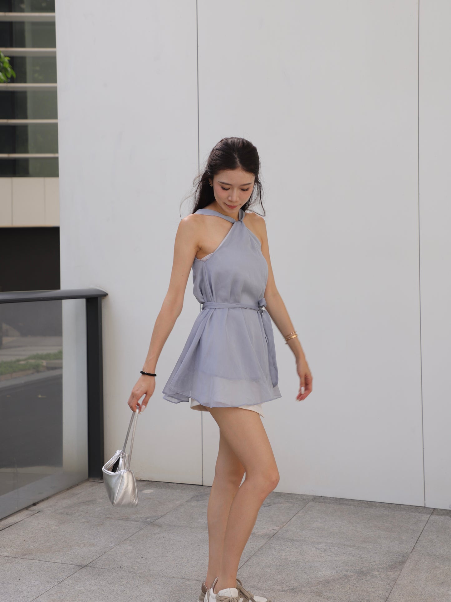 Chiffon Tie Waist Cross Tank Top