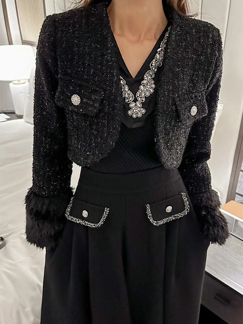 Fluffy Sleeves Cropped Tweed Jacket