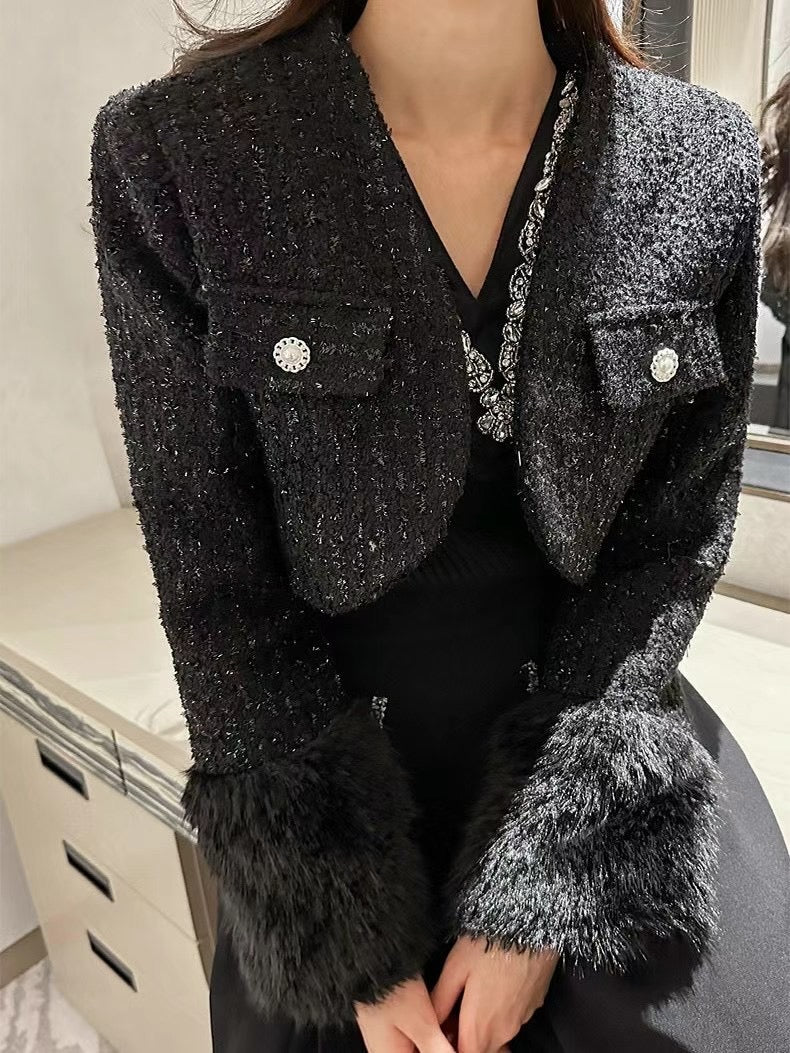 Fluffy Sleeves Cropped Tweed Jacket