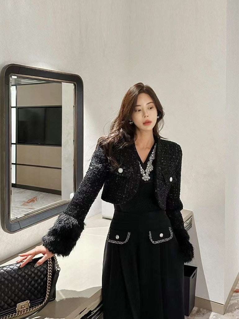 Fluffy Sleeves Cropped Tweed Jacket
