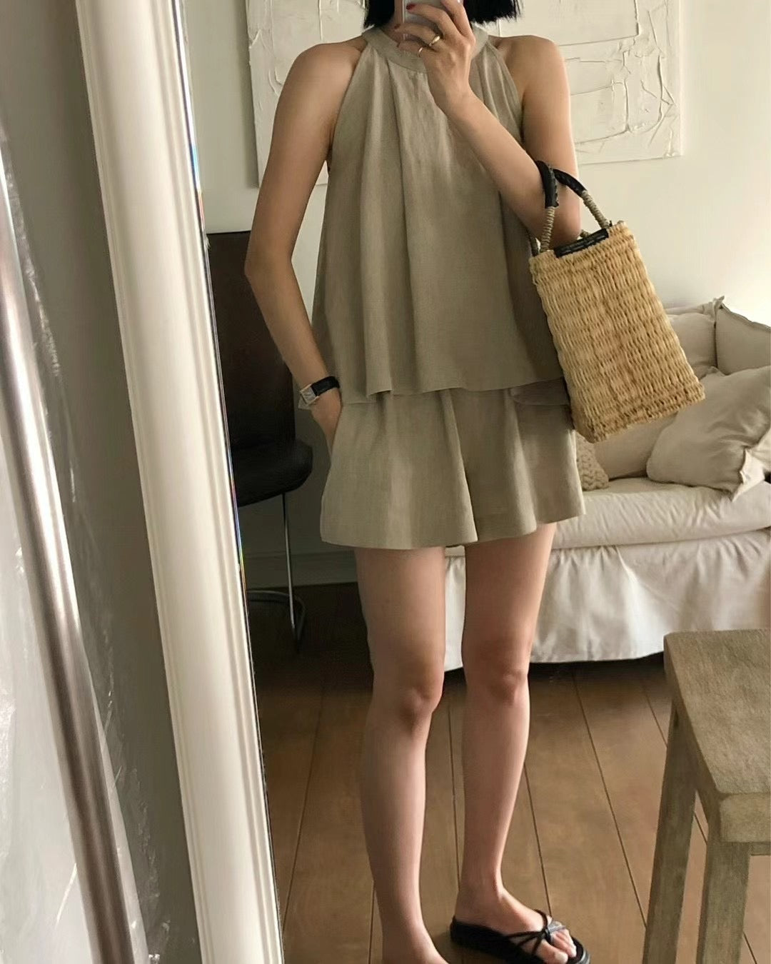 Crewneck Linen Tank Top & Shorts Set