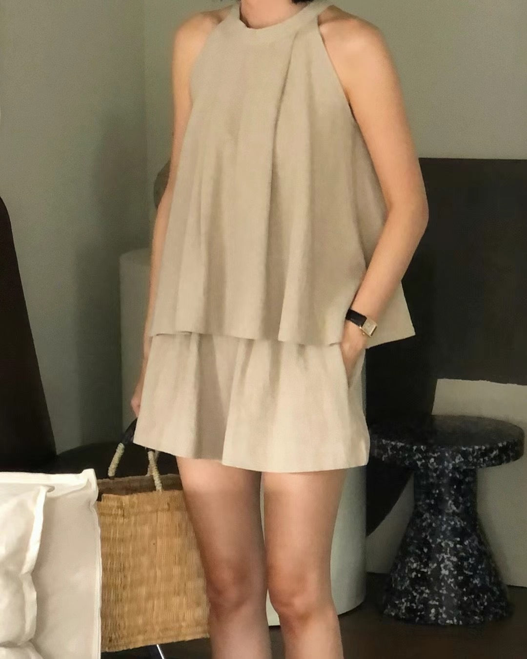 Crewneck Linen Tank Top & Shorts Set