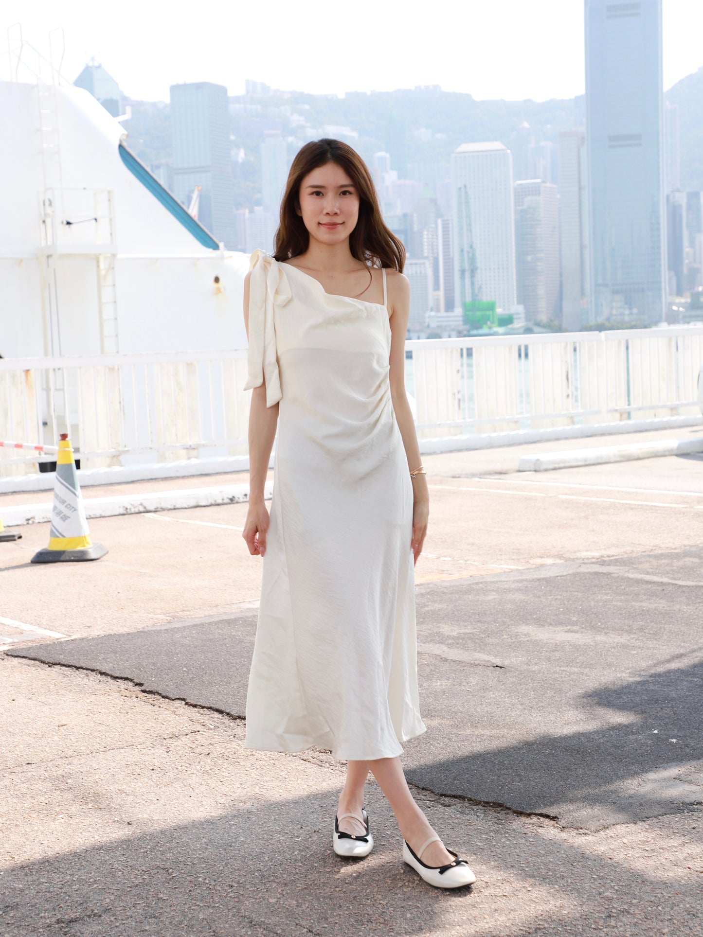 One Side Ribbon Silk Maxi Dress