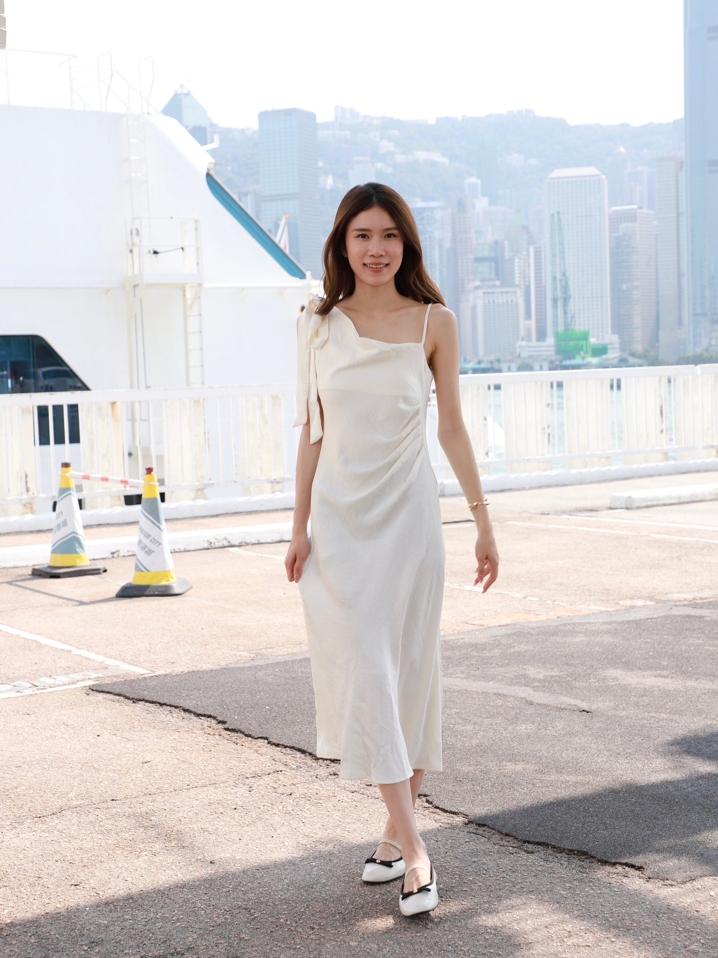 One Side Ribbon Silk Maxi Dress