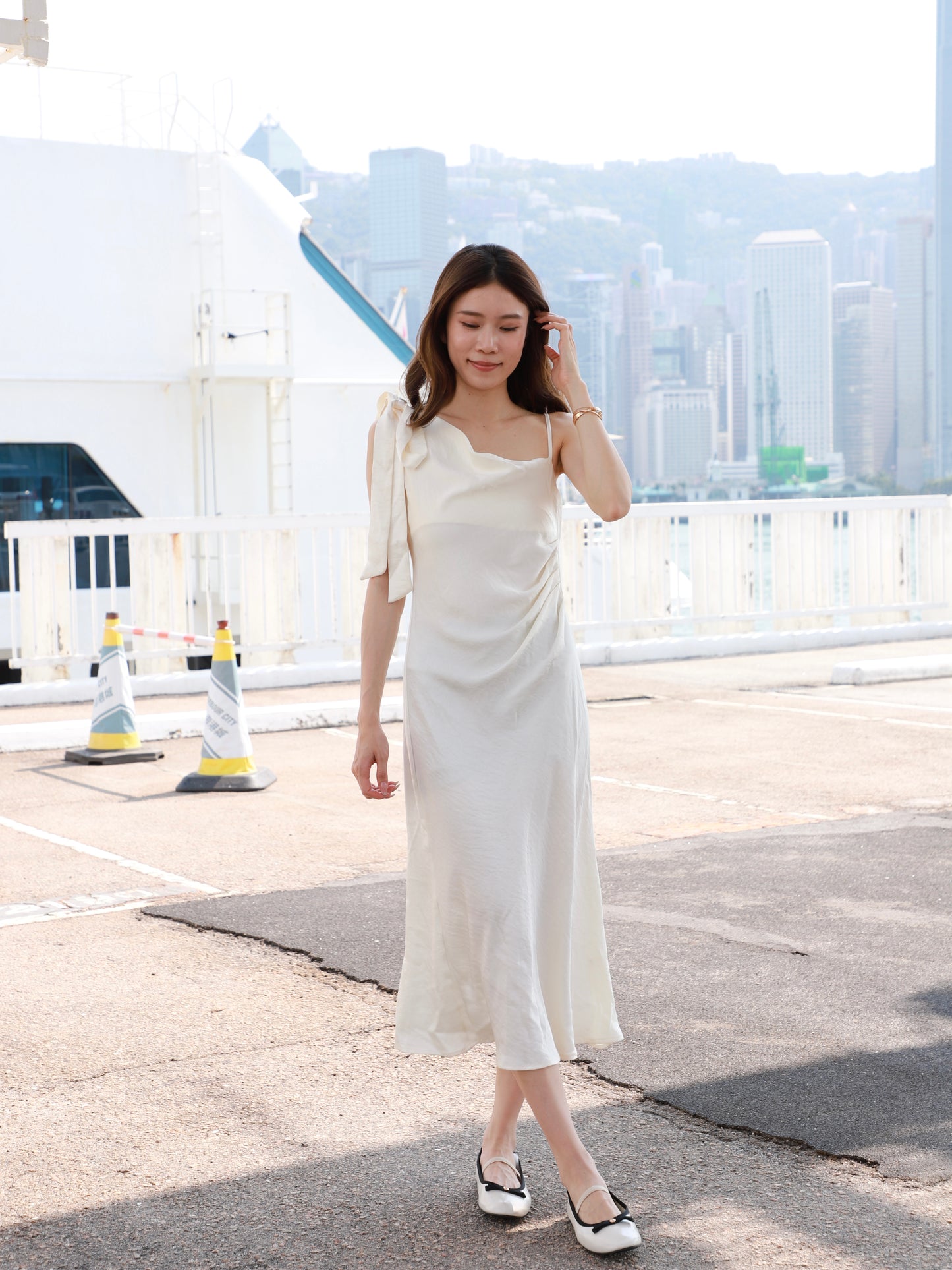 One Side Ribbon Silk Maxi Dress