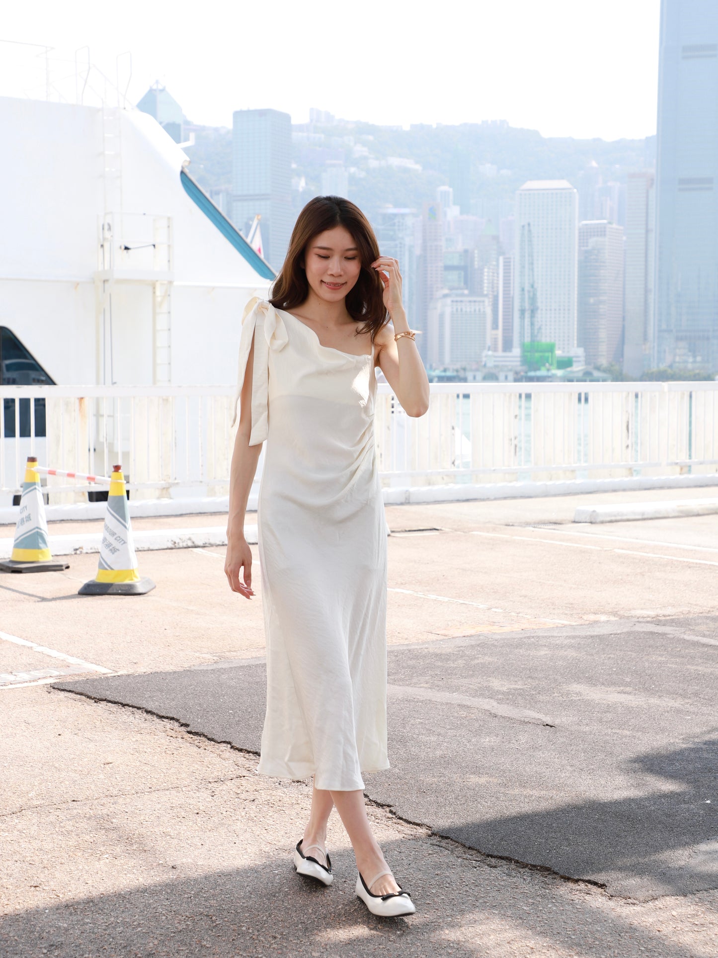 One Side Ribbon Silk Maxi Dress