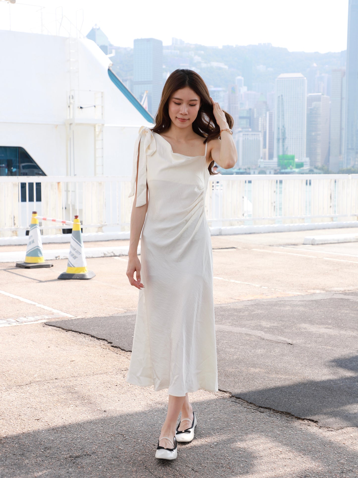 One Side Ribbon Silk Maxi Dress