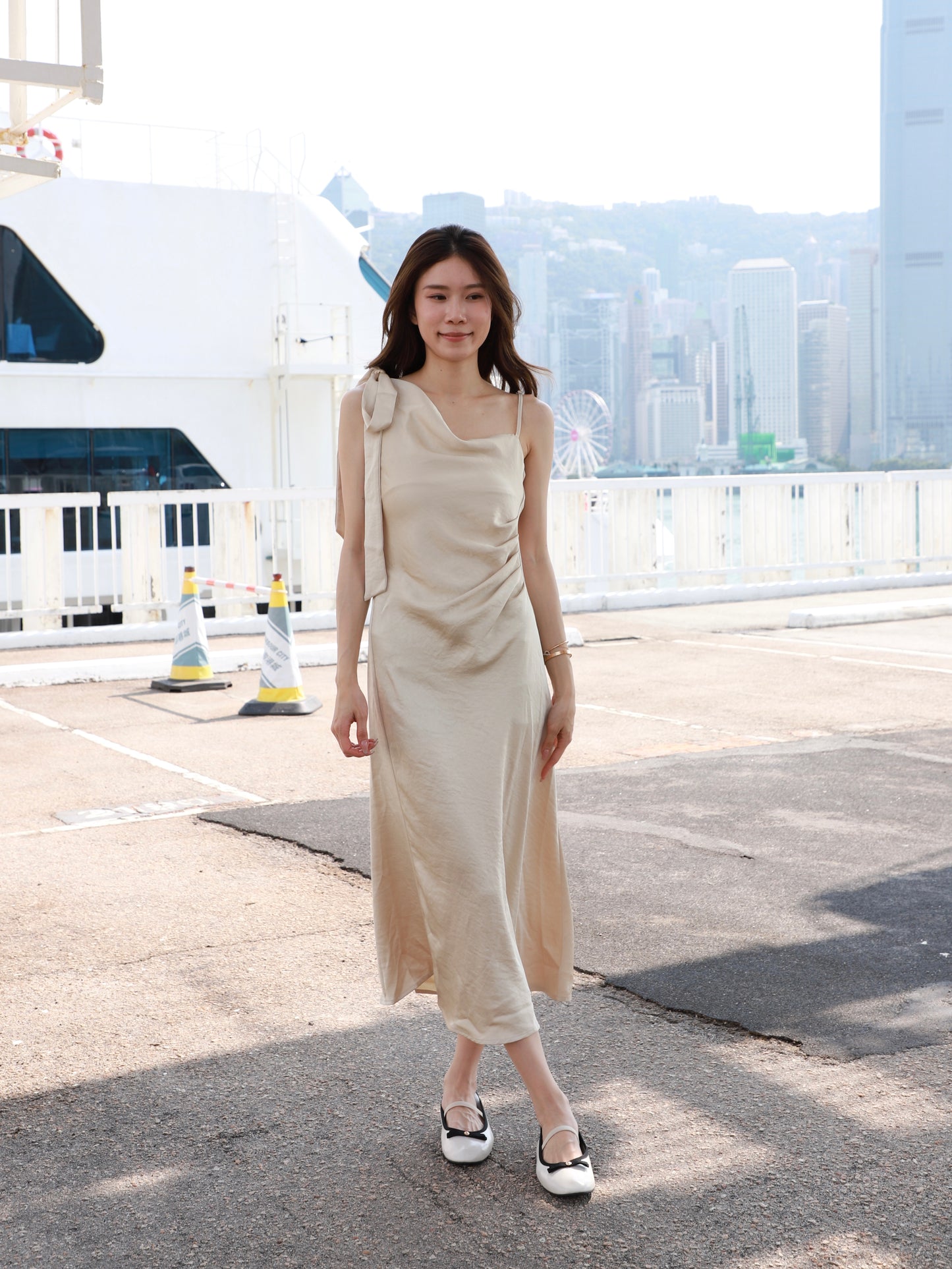 One Side Ribbon Silk Maxi Dress