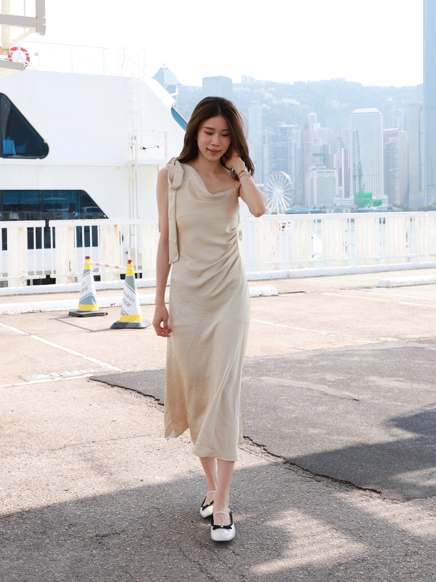 One Side Ribbon Silk Maxi Dress