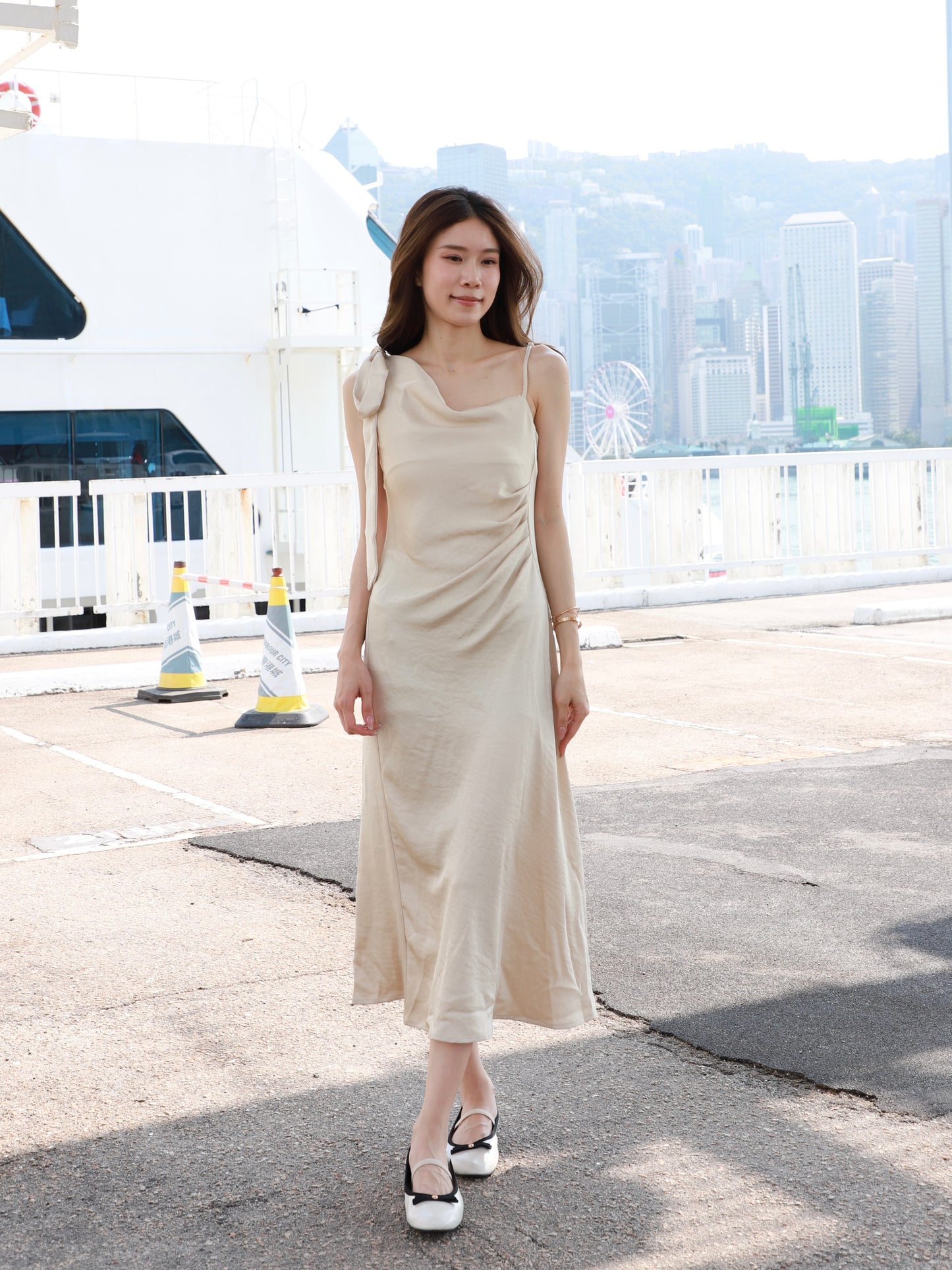 One Side Ribbon Silk Maxi Dress