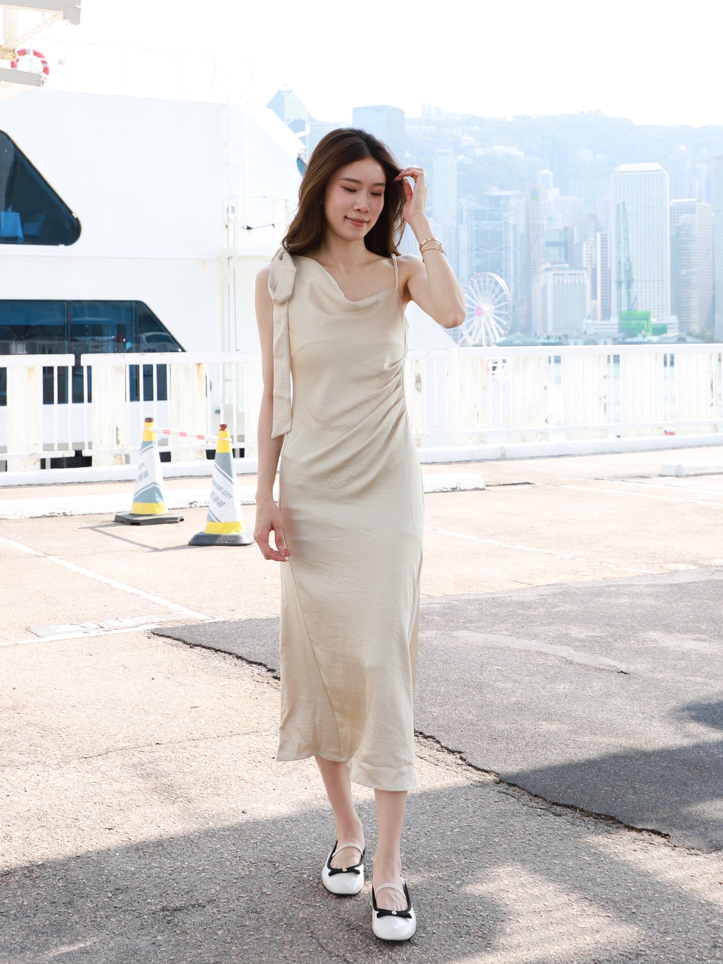 One Side Ribbon Silk Maxi Dress