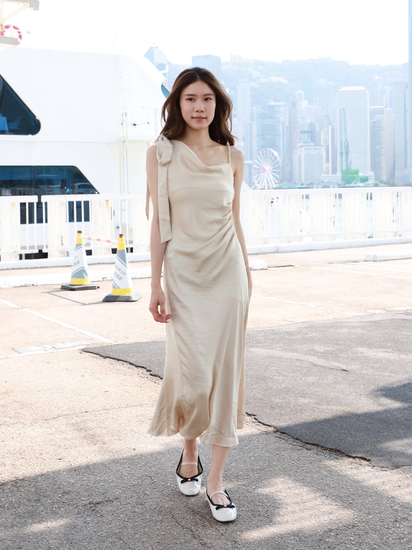 One Side Ribbon Silk Maxi Dress