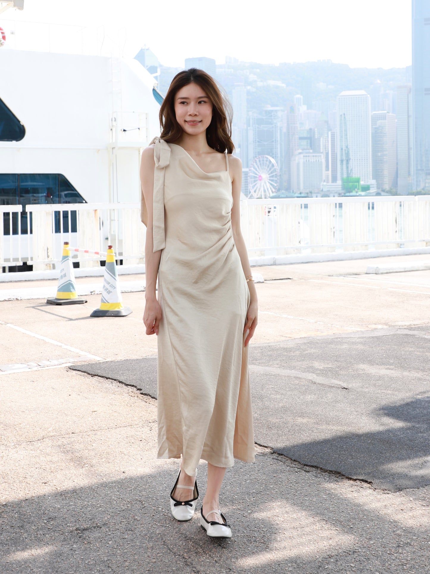 One Side Ribbon Silk Maxi Dress