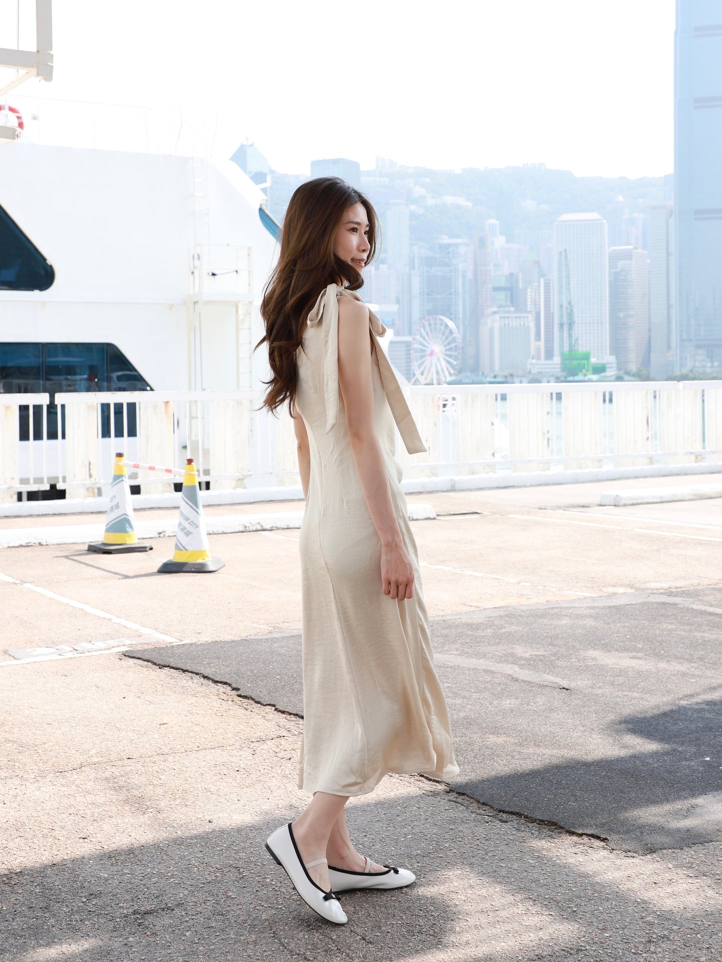One Side Ribbon Silk Maxi Dress