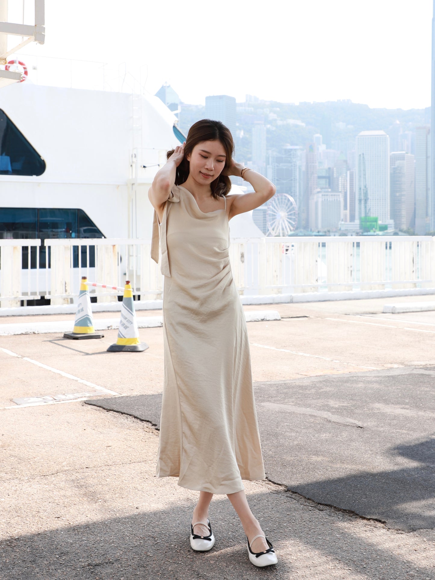 One Side Ribbon Silk Maxi Dress