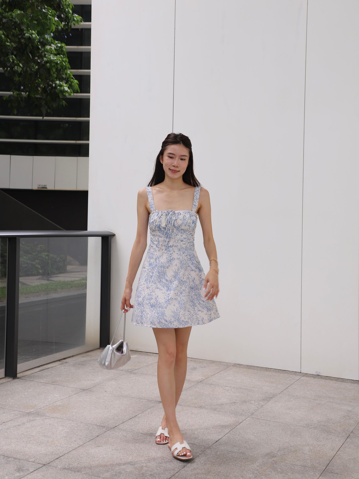 Flowery Print Blue Mini Dress