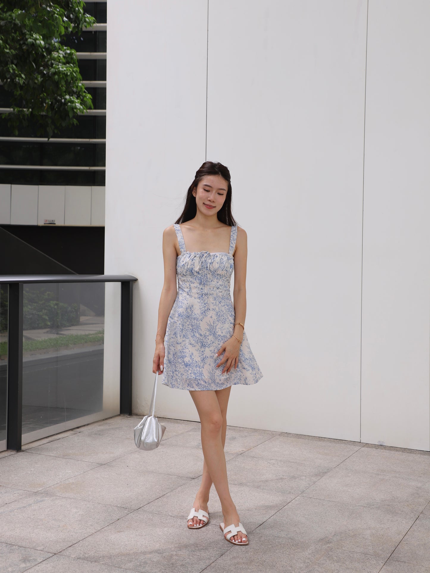 Flowery Print Blue Mini Dress