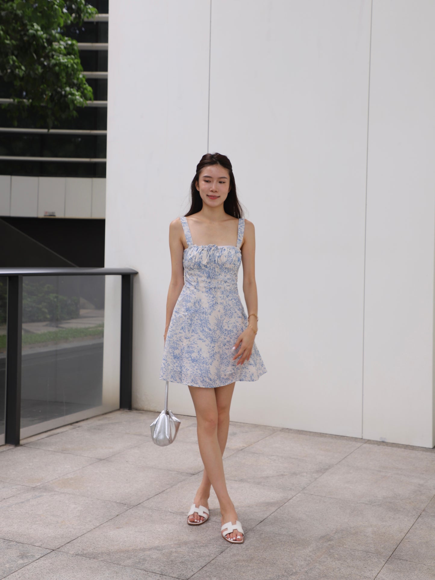 Flowery Print Blue Mini Dress