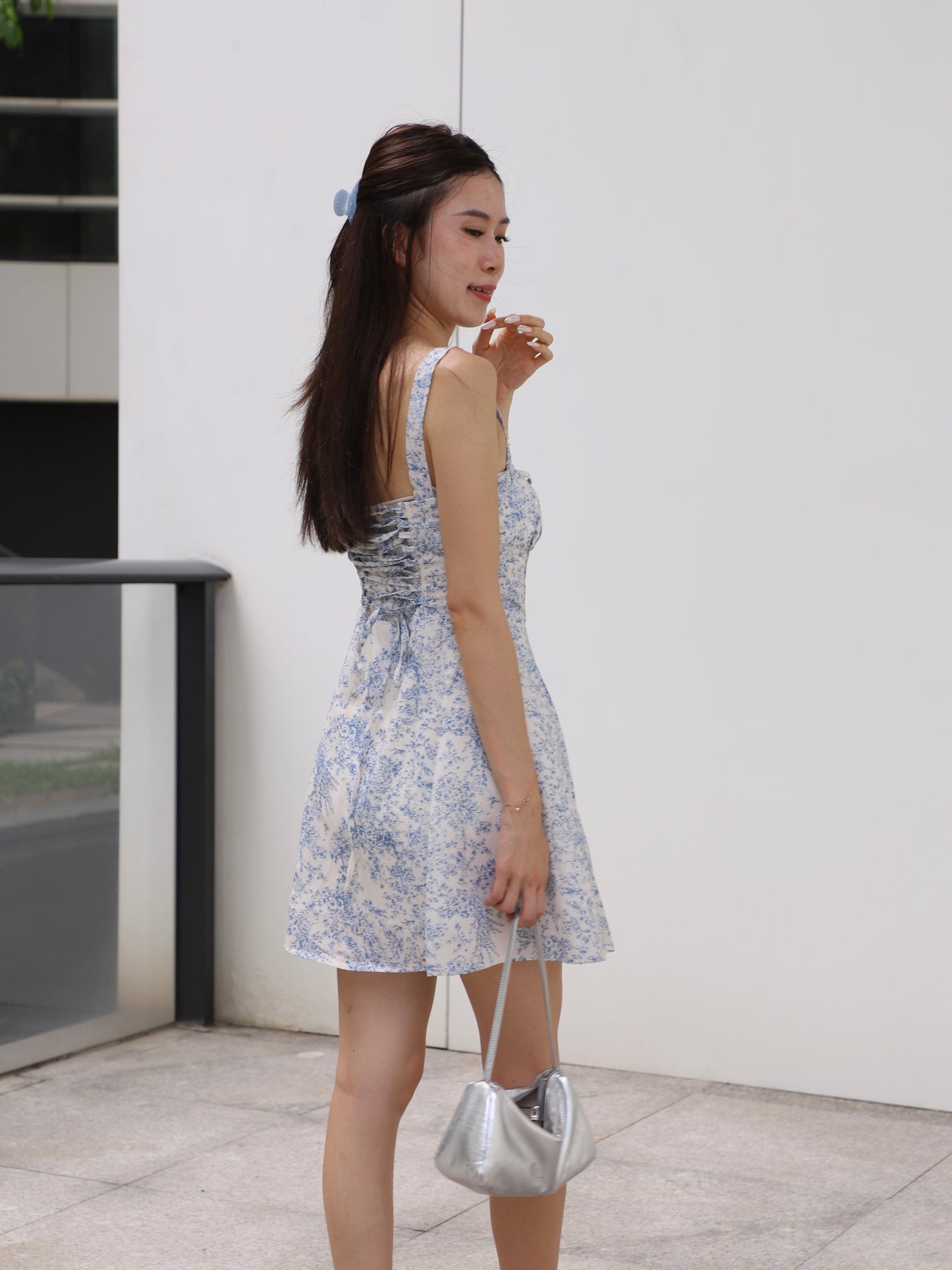 Flowery Print Blue Mini Dress