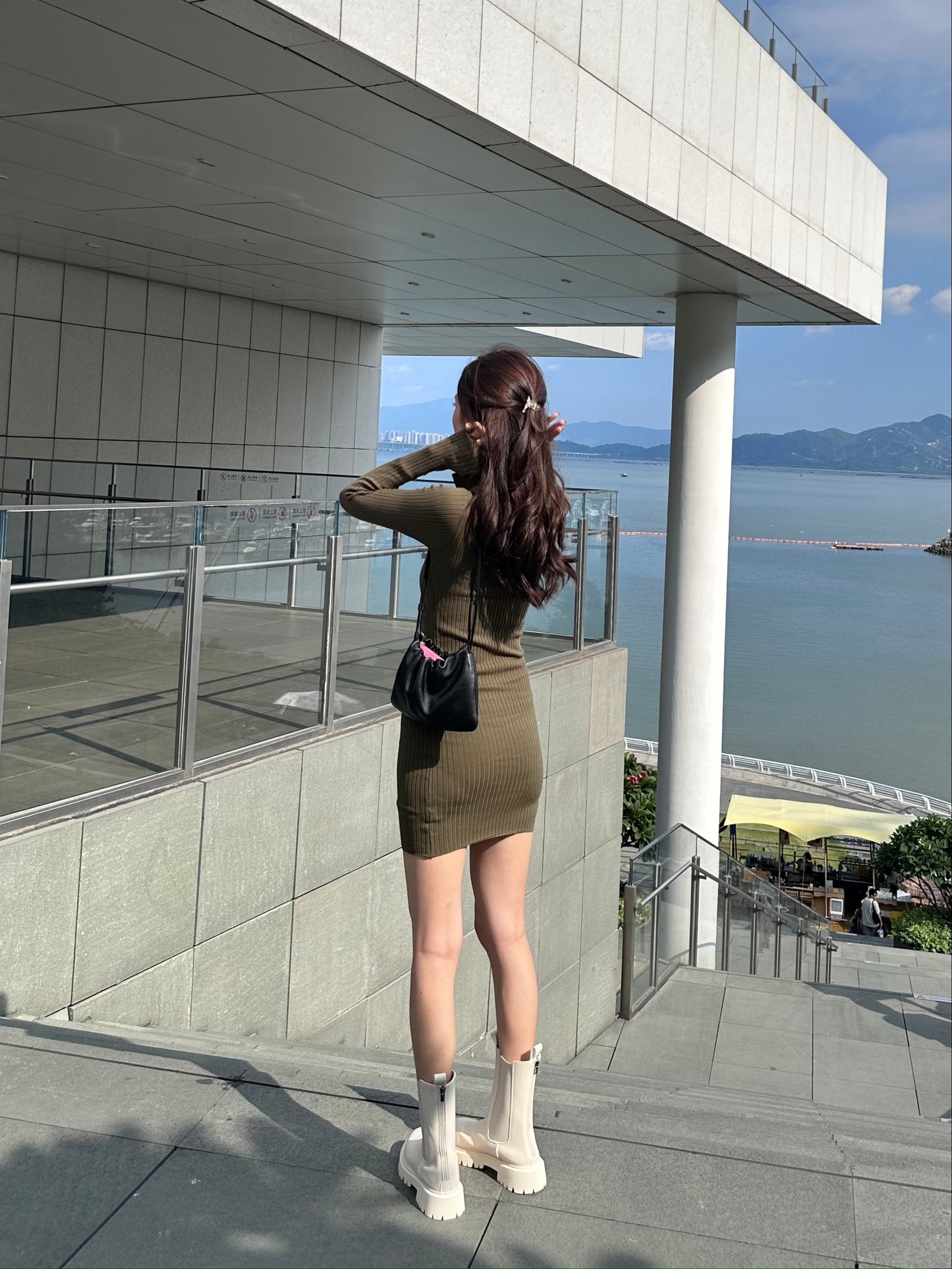 V Collar Neck Long Sleeves Mini Dress