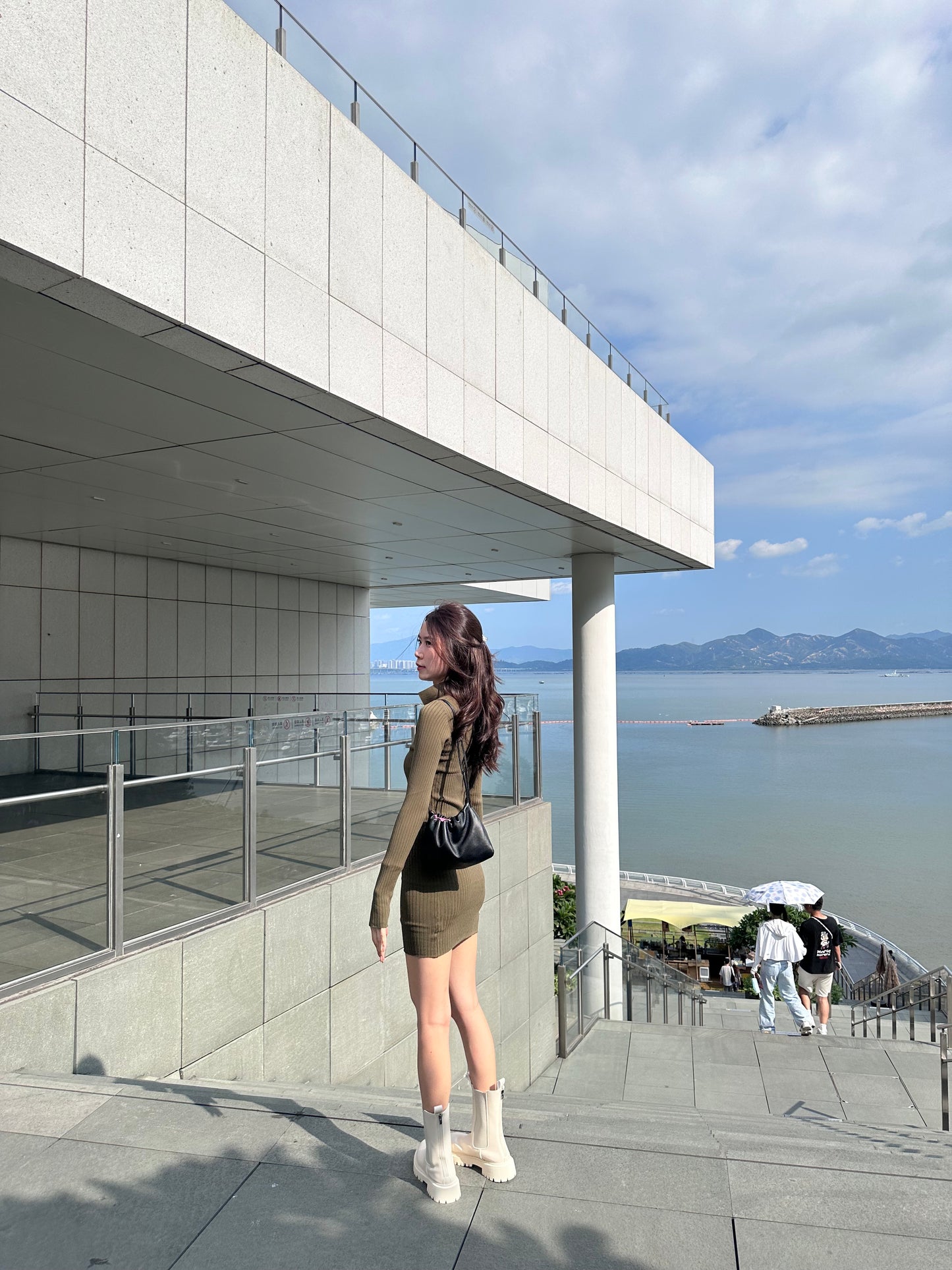 V Collar Neck Long Sleeves Mini Dress