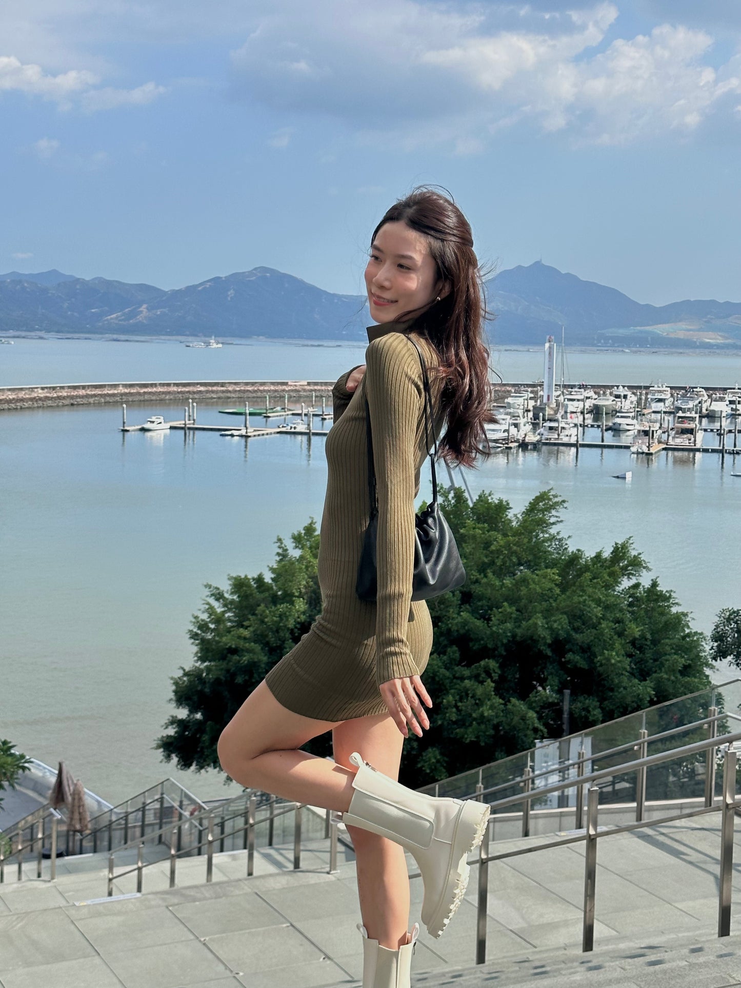 V Collar Neck Long Sleeves Mini Dress
