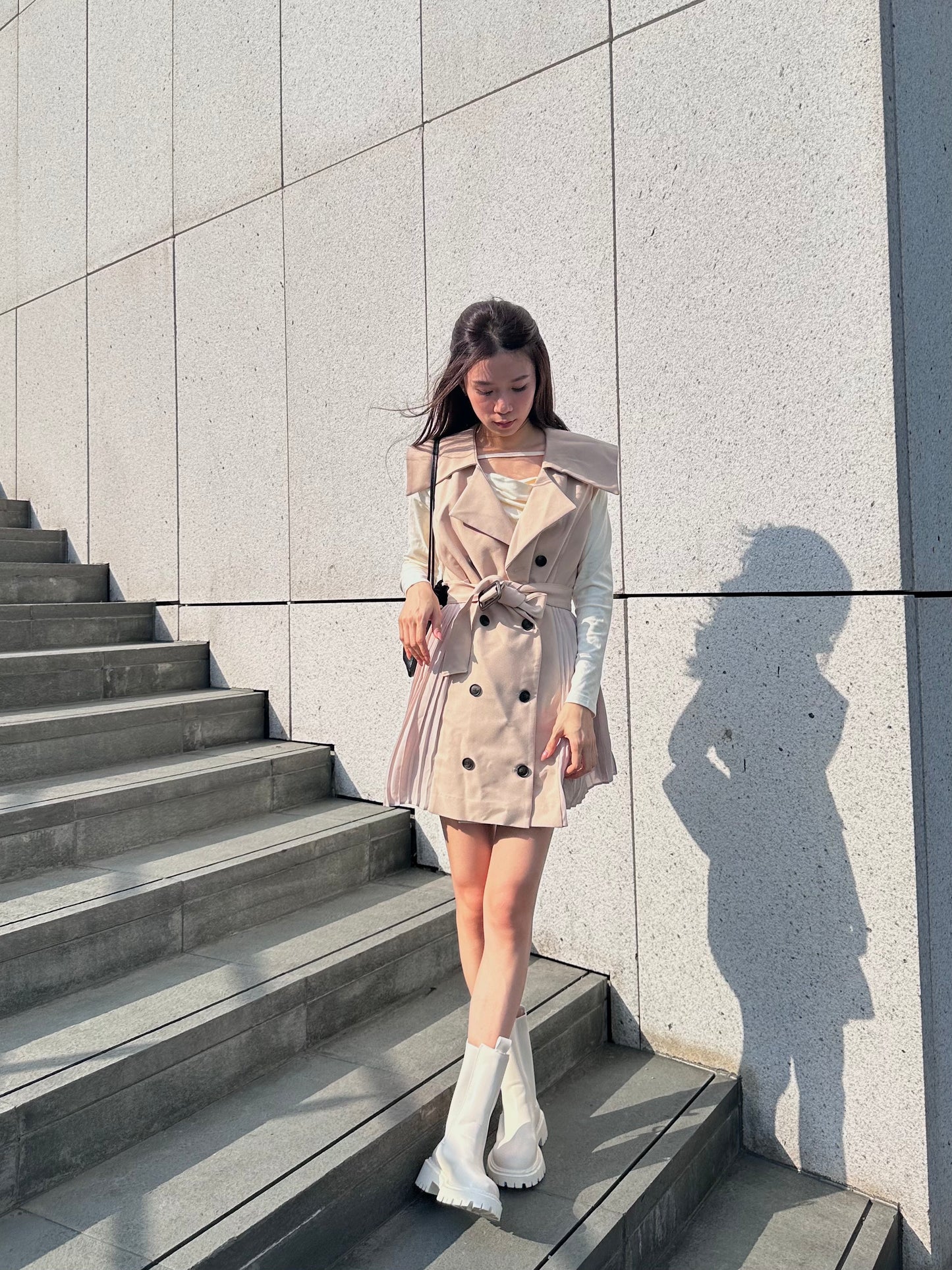 Pleated Trench Coat Mini Dress