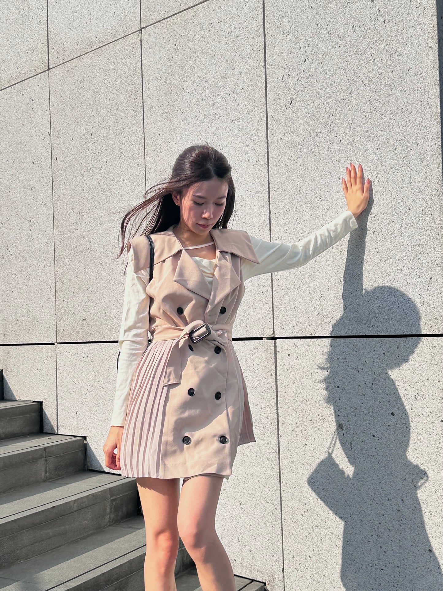 Pleated Trench Coat Mini Dress