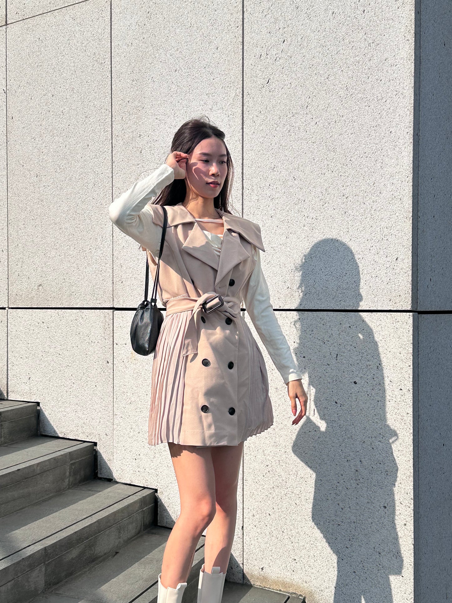 Pleated Trench Coat Mini Dress
