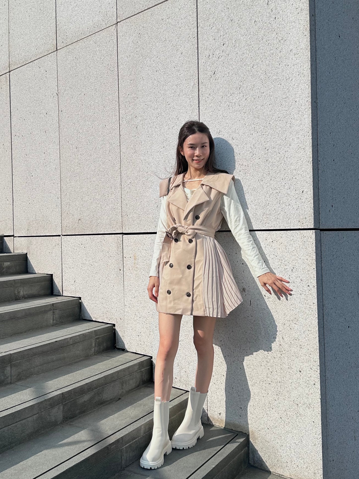 Pleated Trench Coat Mini Dress
