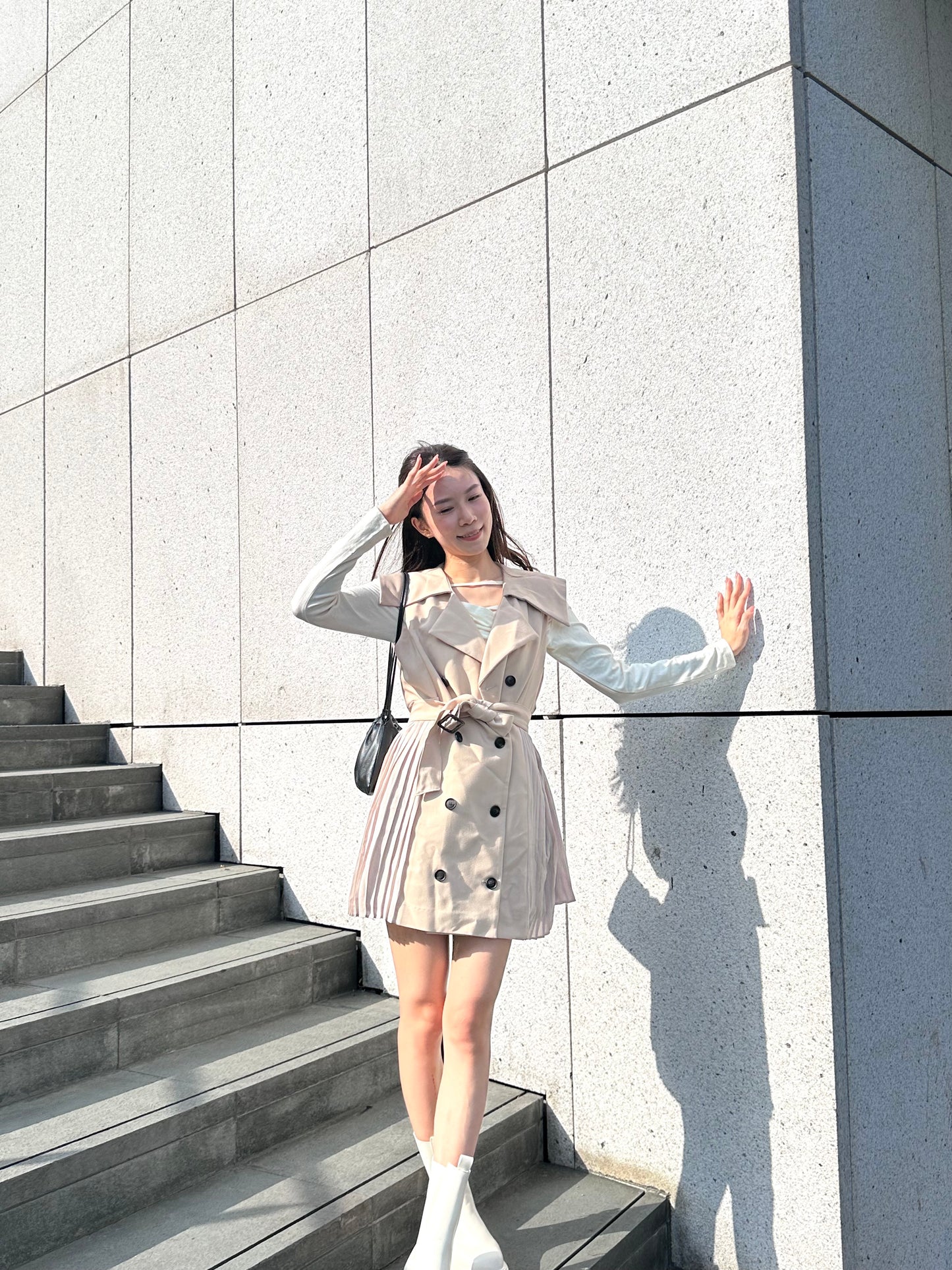 Pleated Trench Coat Mini Dress