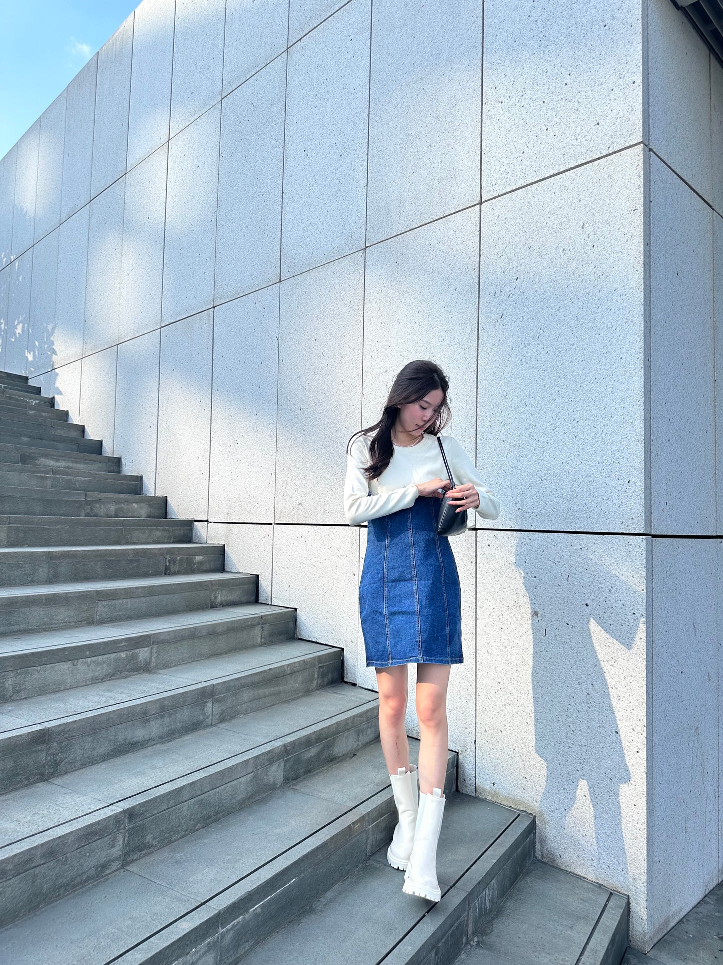 Half Cotton Denim Mini Dress