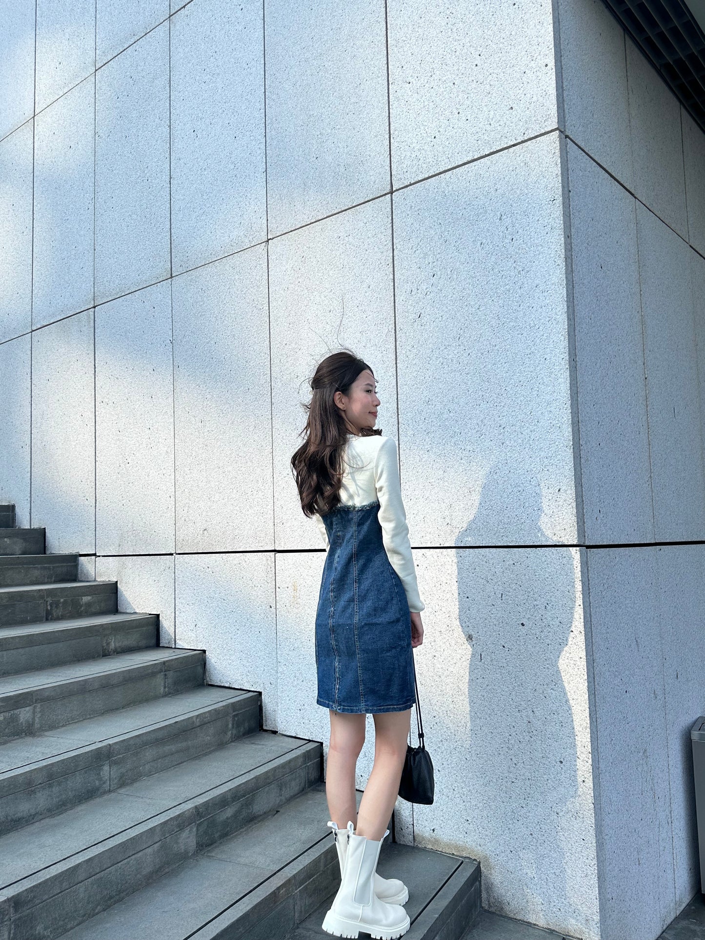 Half Cotton Denim Mini Dress