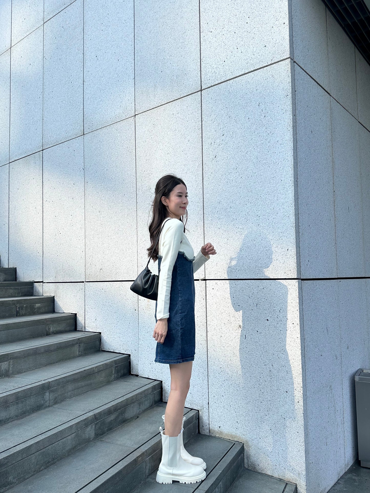 Half Cotton Denim Mini Dress