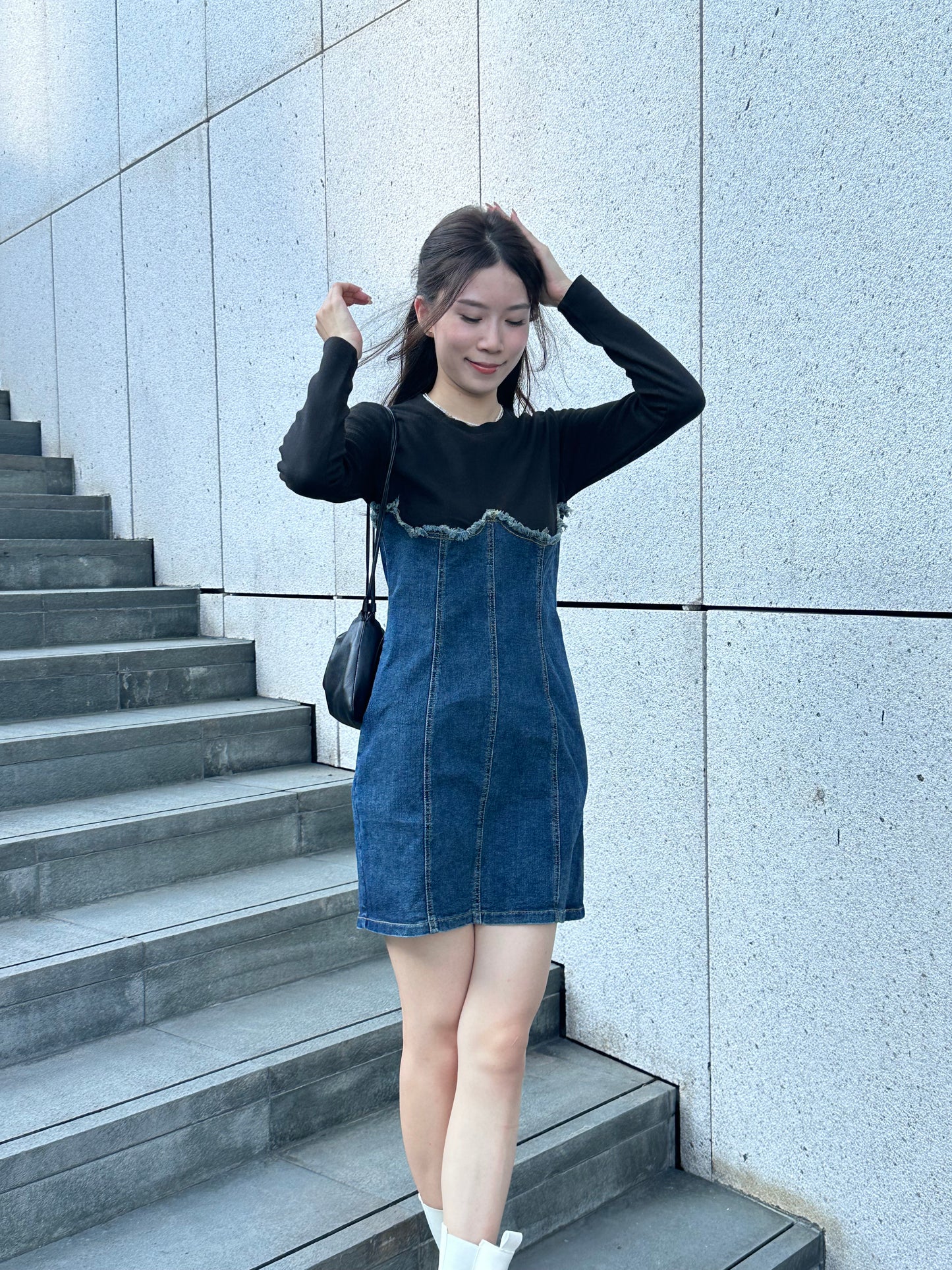Half Cotton Denim Mini Dress