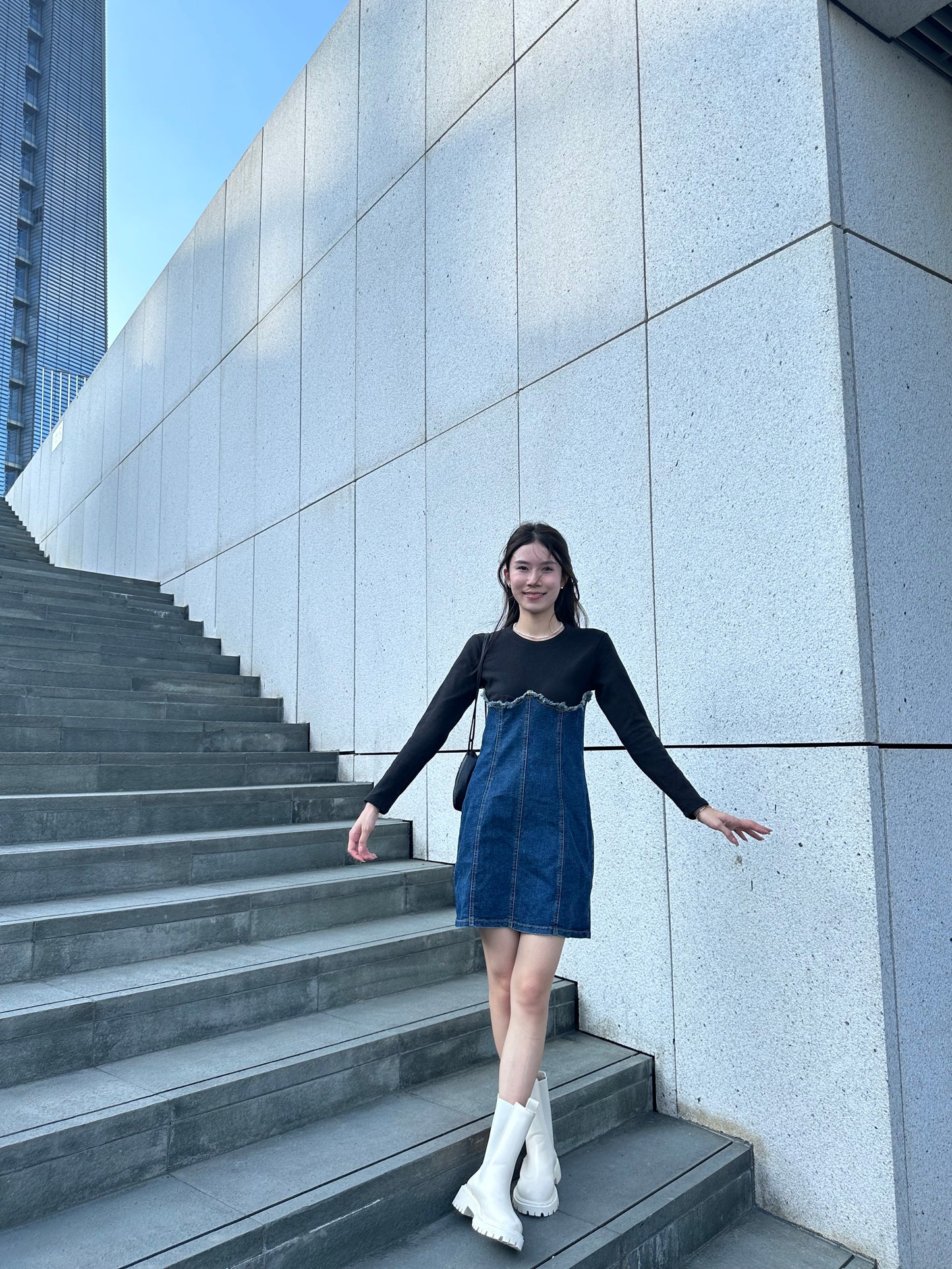 Half Cotton Denim Mini Dress