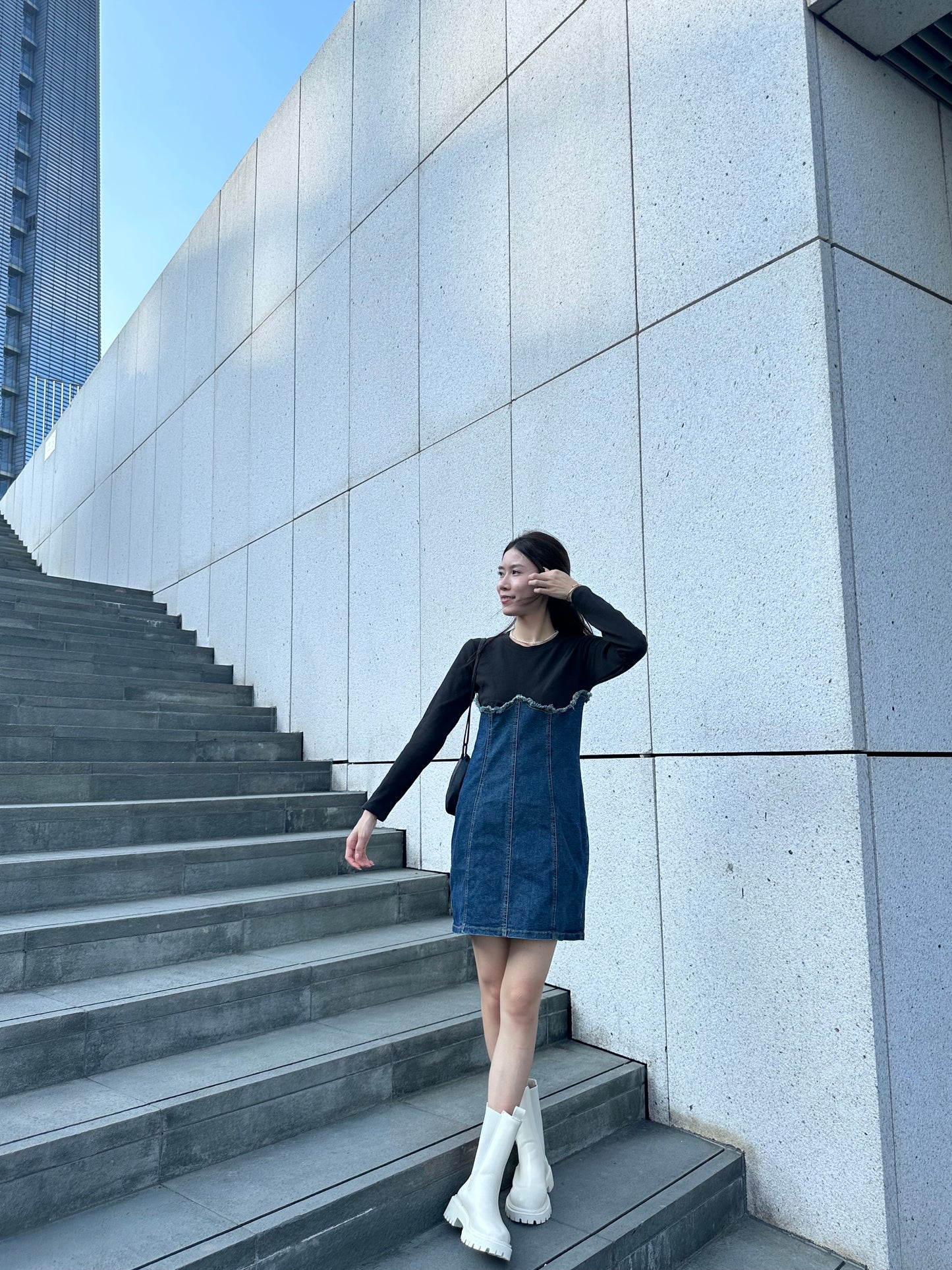 Half Cotton Denim Mini Dress