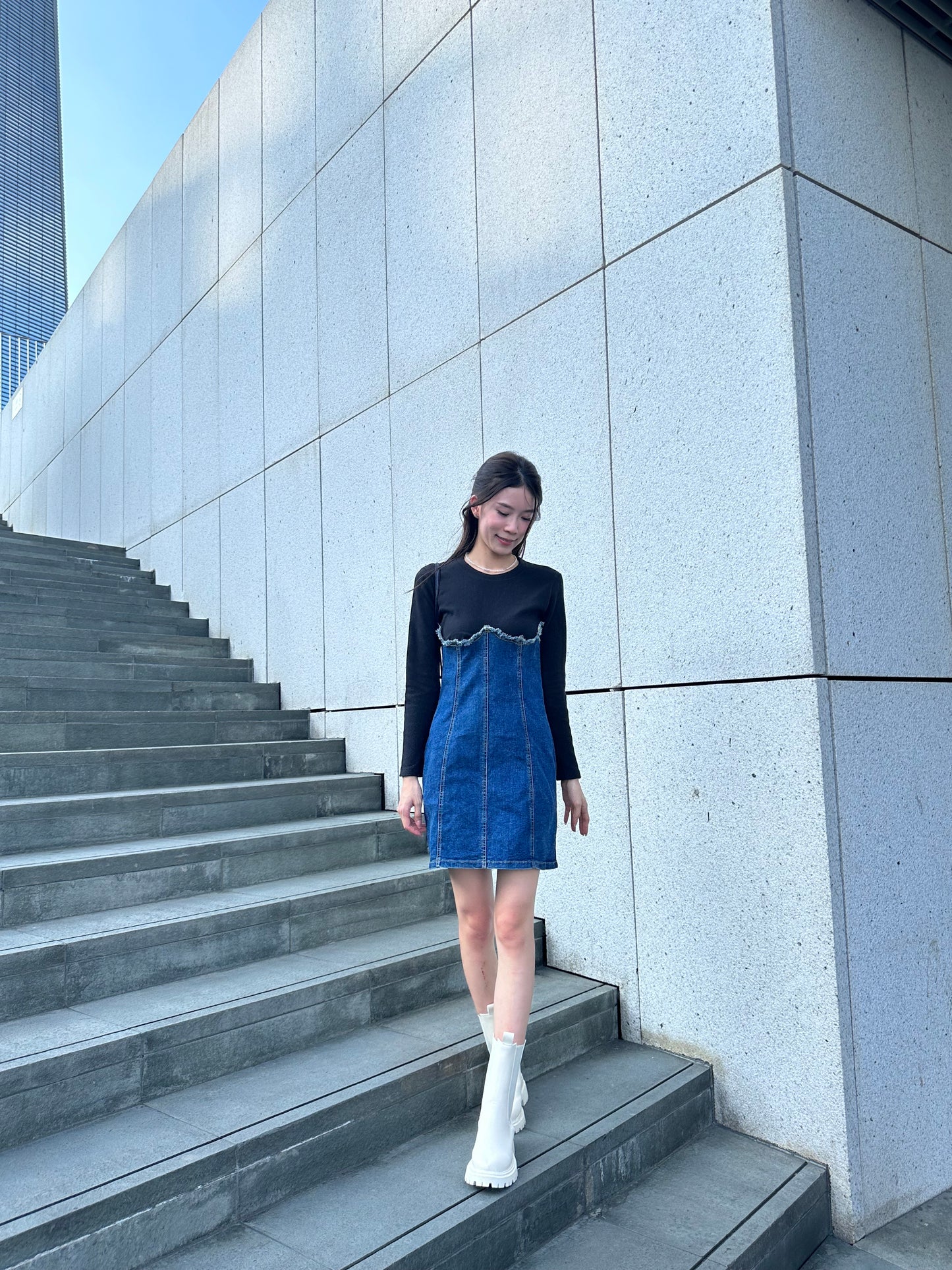 Half Cotton Denim Mini Dress