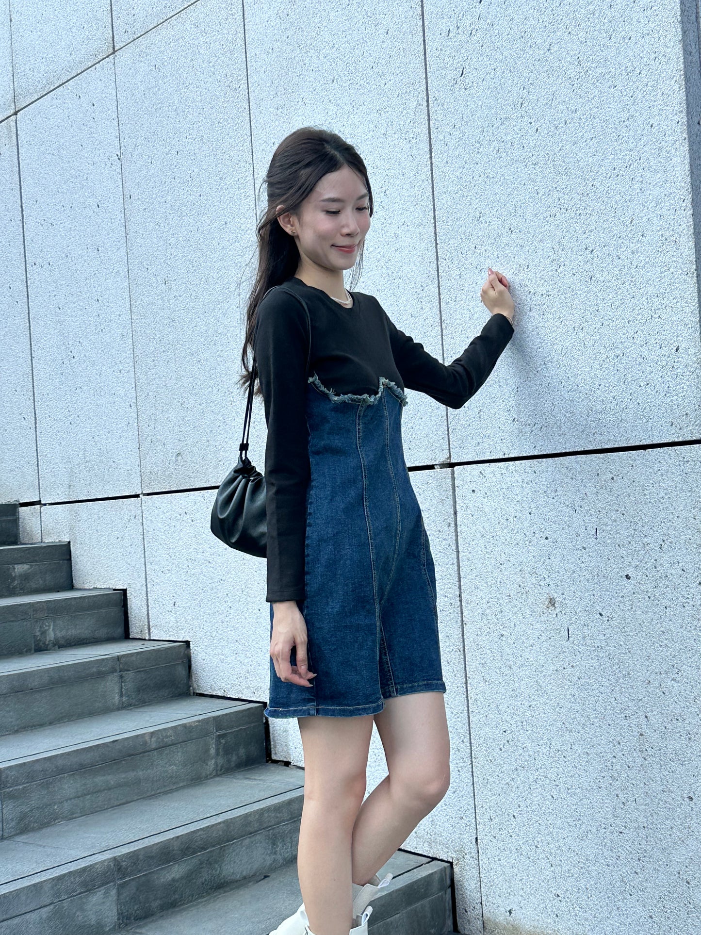 Half Cotton Denim Mini Dress