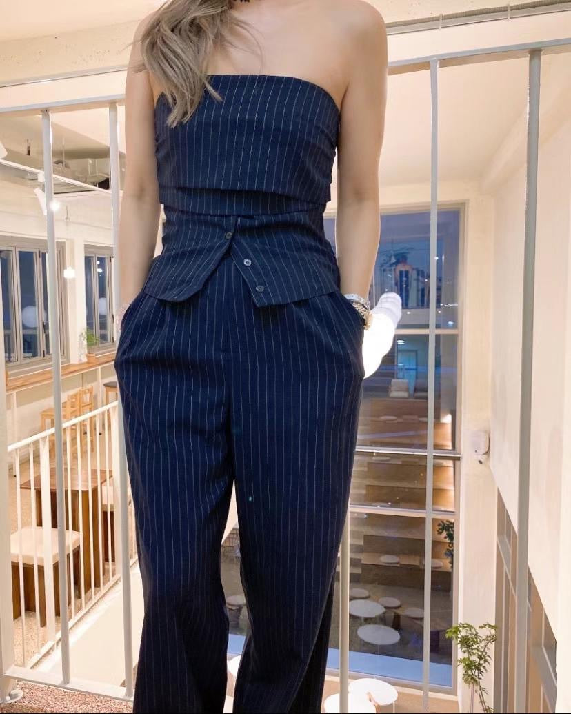 Strapless Striped Button Tank Top