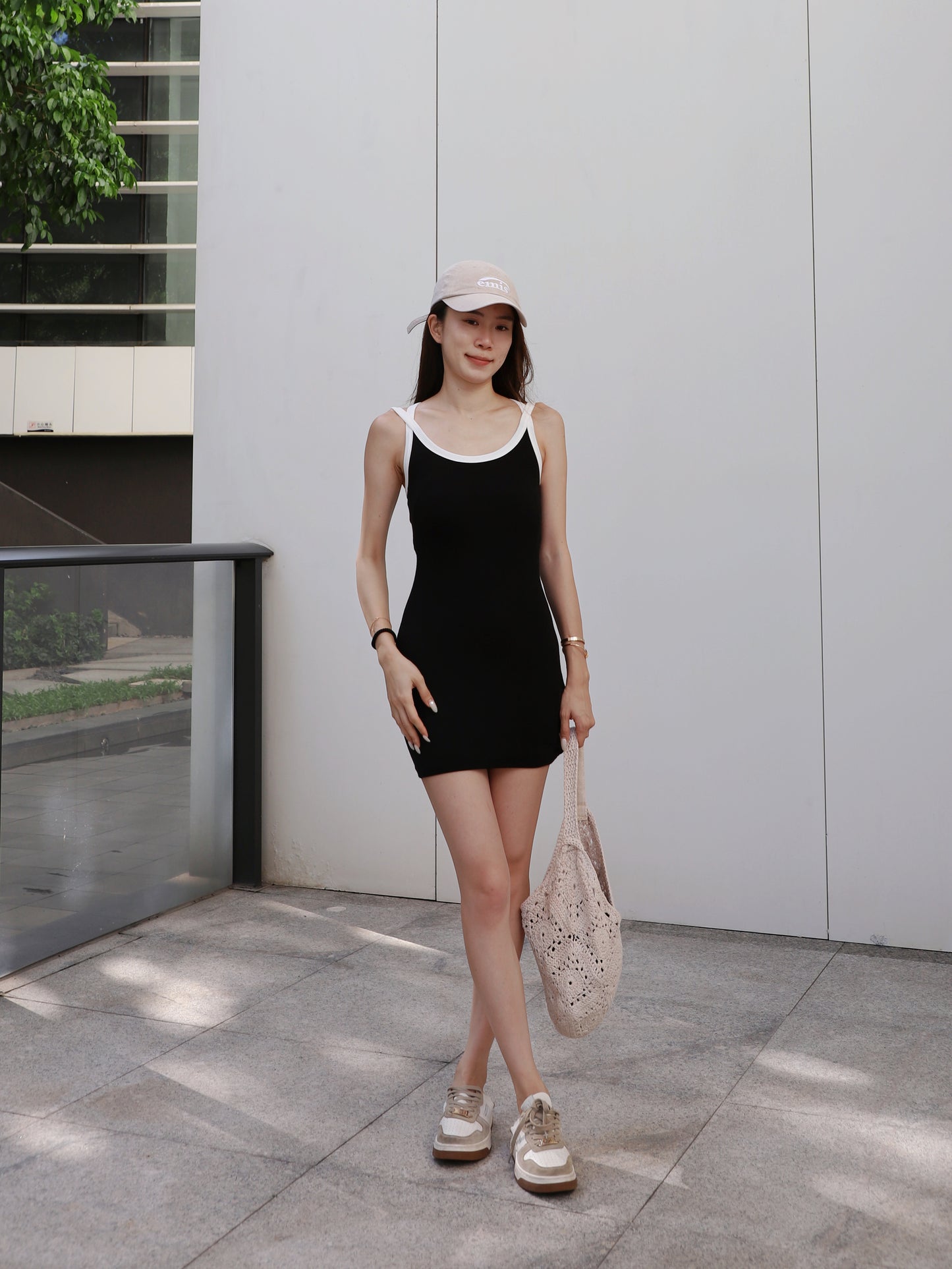 White Lined Cotton Mini Dress