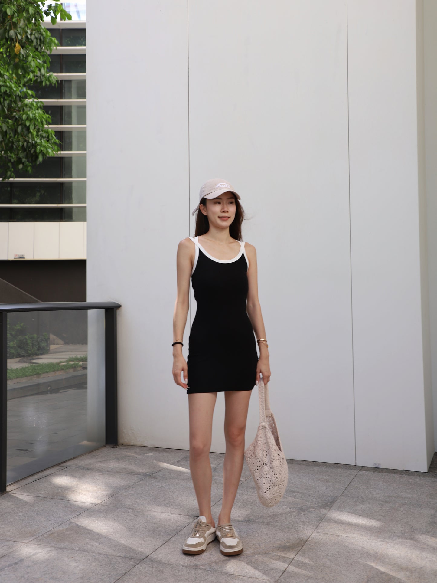 White Lined Cotton Mini Dress