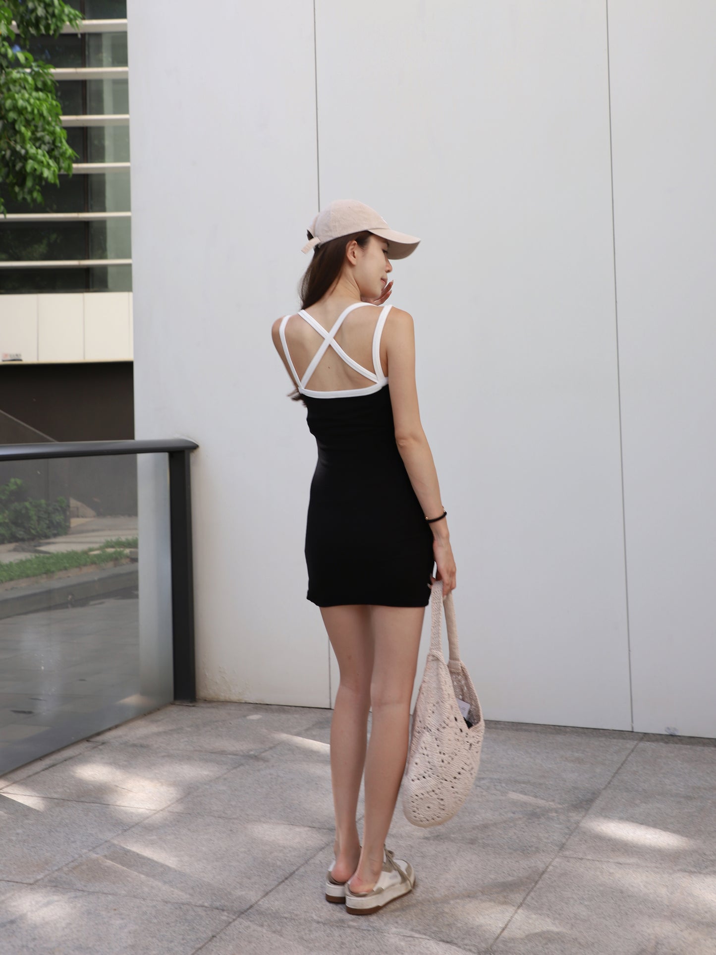 White Lined Cotton Mini Dress