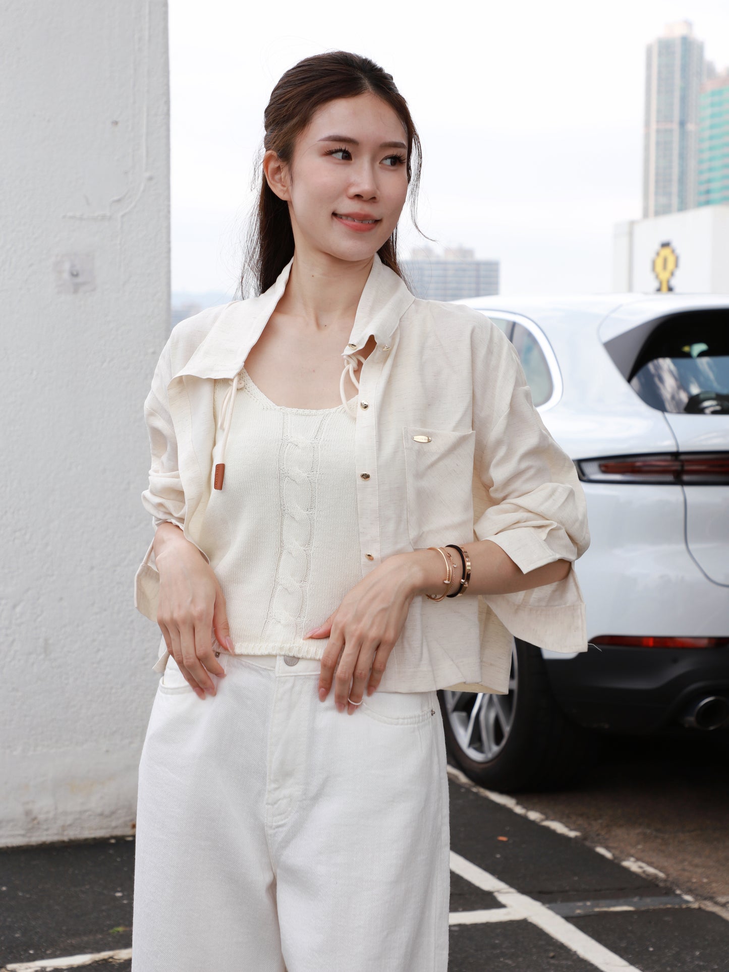Linen Cropped Leather Button Jacket