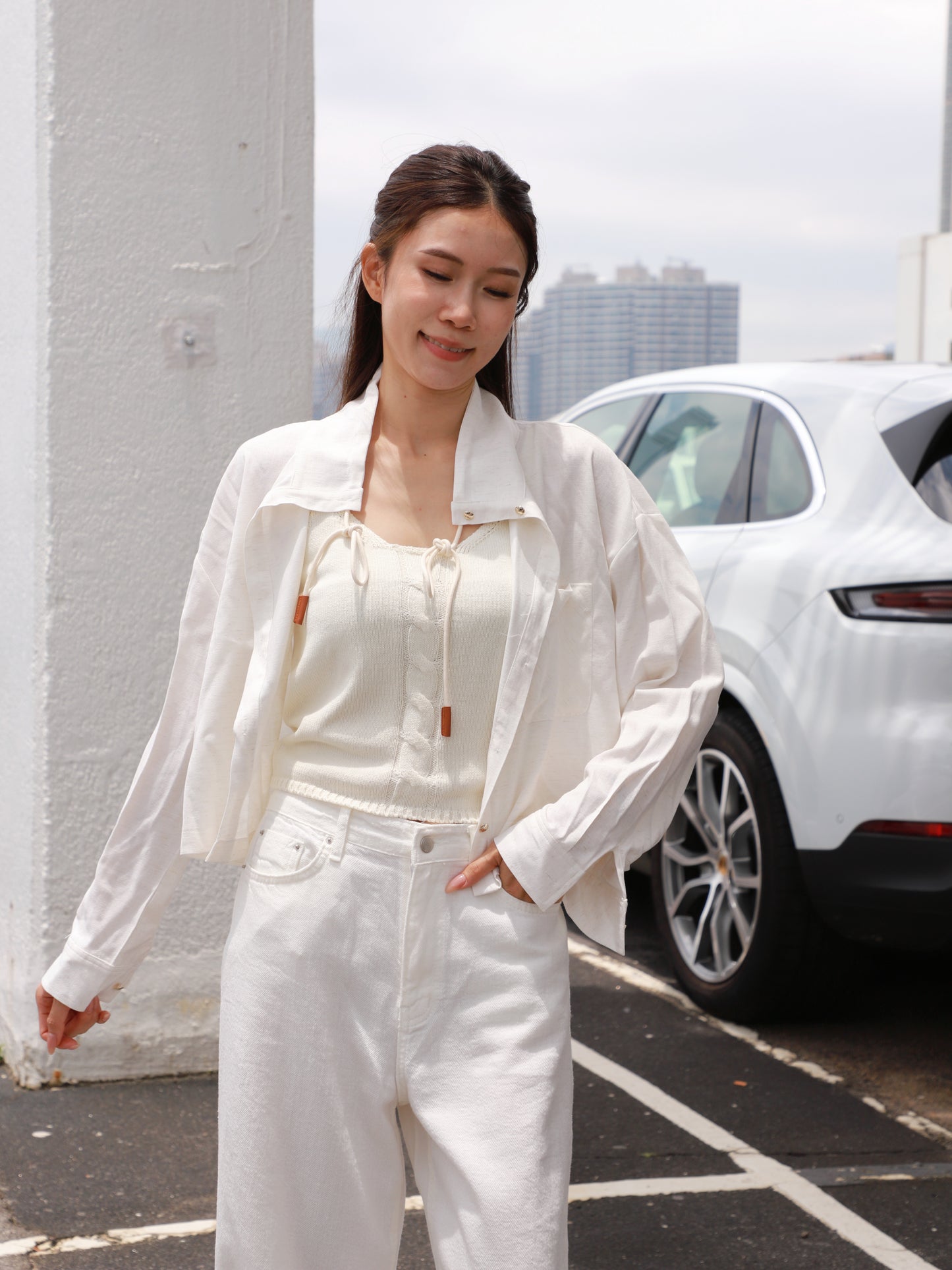 Linen Cropped Leather Button Jacket