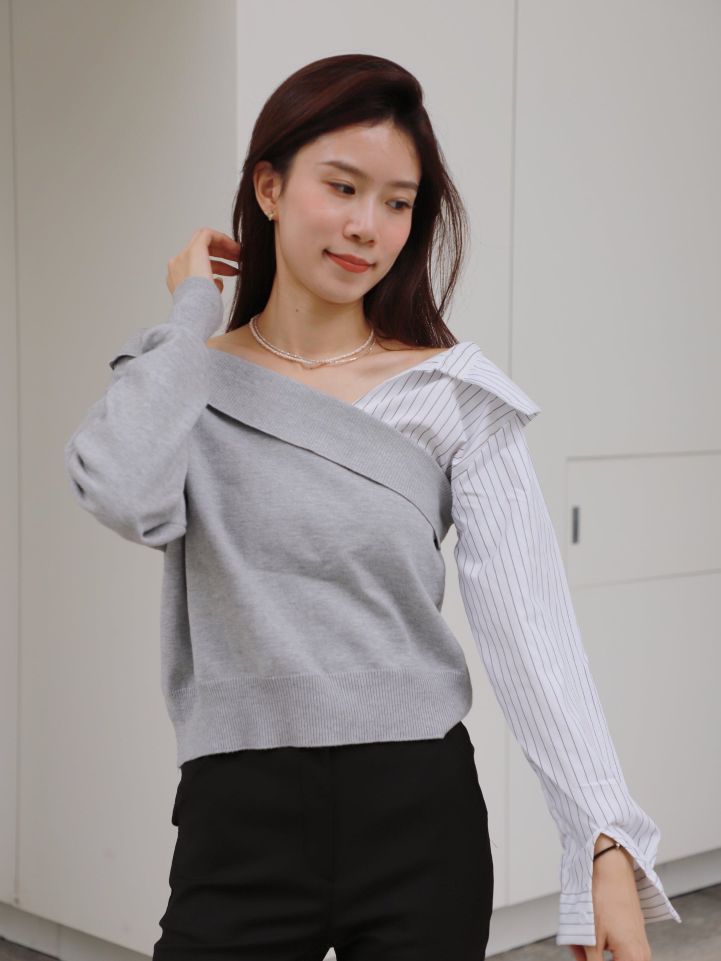 Half Knitted Striped Long Sleeves Shirt